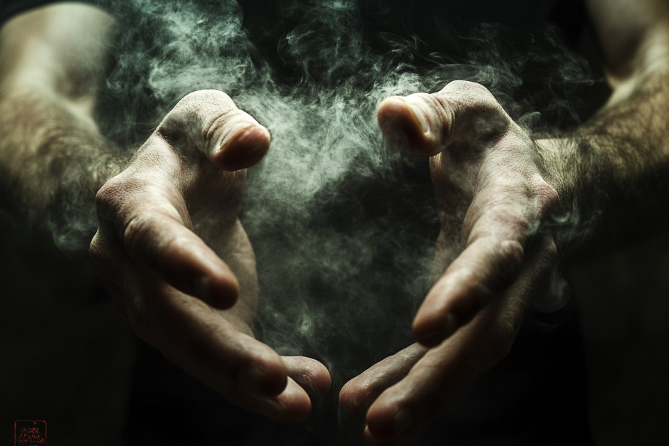 man's hands in a position of desperation