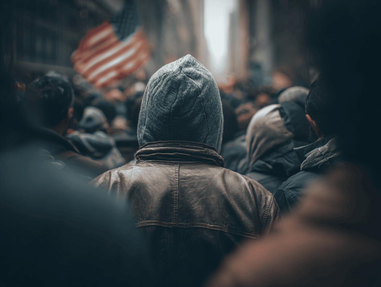 man in hoodie staring at flag in a crowd
