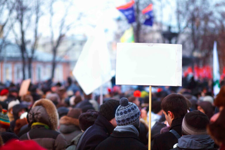 image from behind protestors